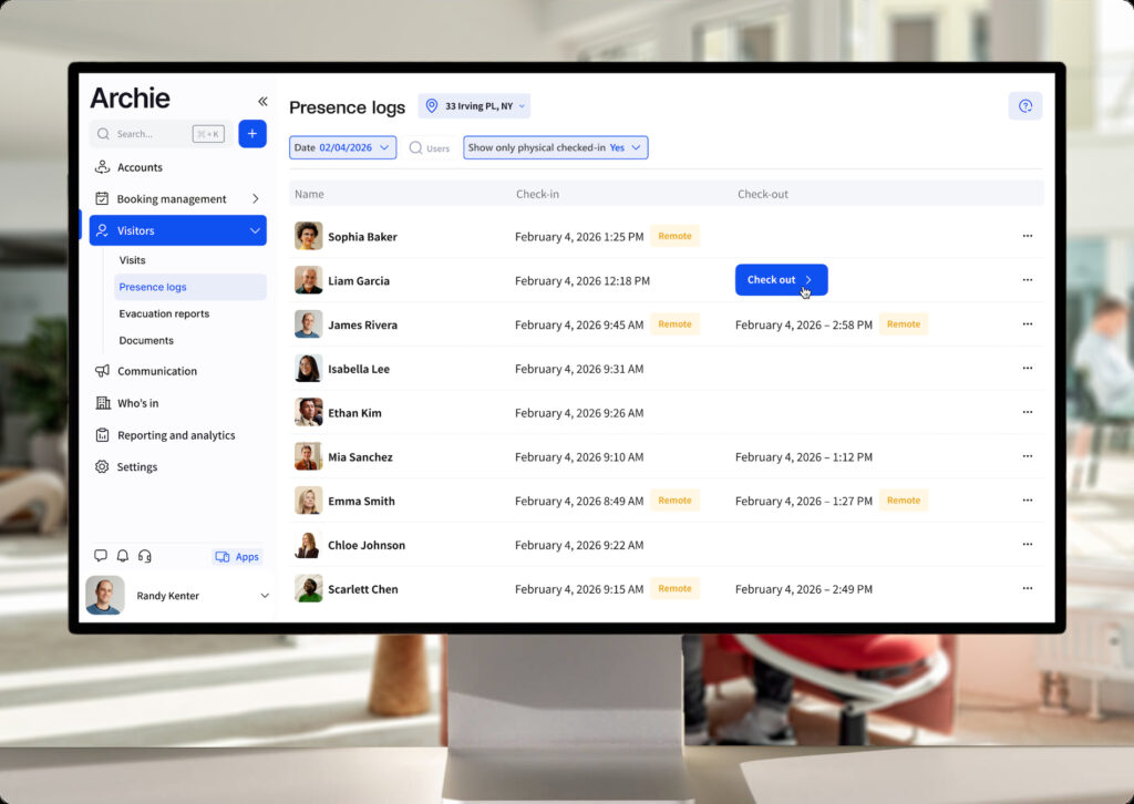 Archie’s desktop interface displaying a visitor log with names, check-in and check-out times, and remote status tags.