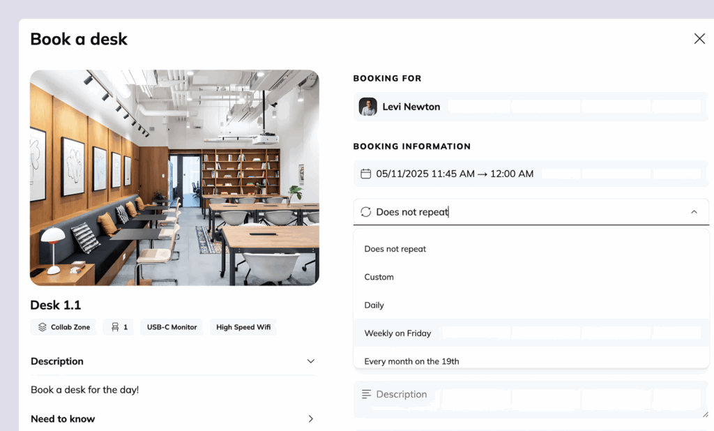 Archie Features - Recurring desk bookings.