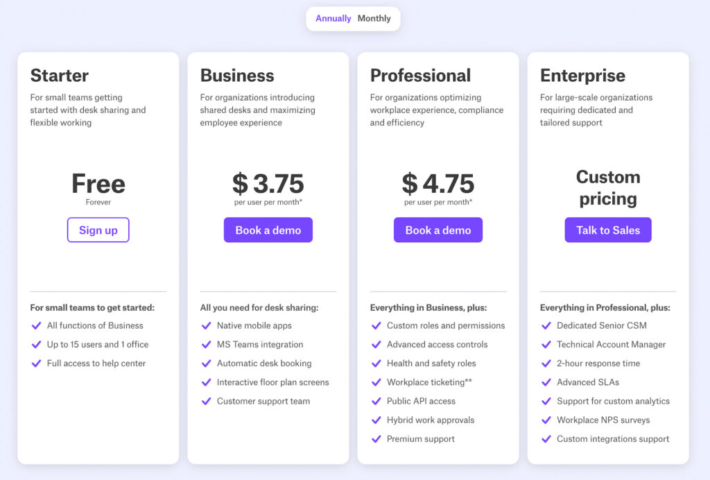 Deskbird pricing plans.