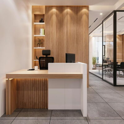 Modern office reception desk with wood paneling, glass meeting rooms, and minimalist seating.